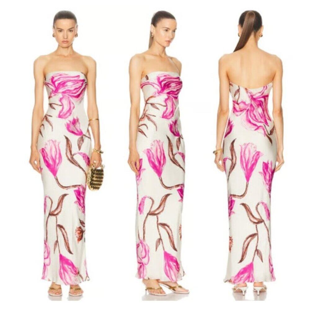 NWT Rococo Sand Grace Strapless Satin Maxi Dress White and Pink Floral L